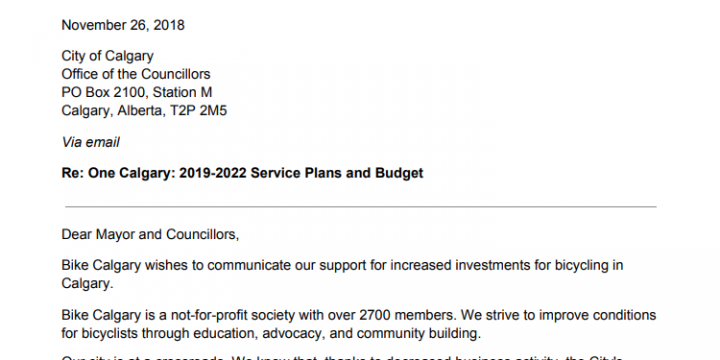 Bike Calgary’s letter to the City re: 2019-2022 Budget