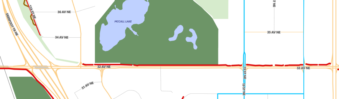 Map of a newly completed multi-use pathway on 32 Avenue NE between 12 St NE and Barlow Trail.