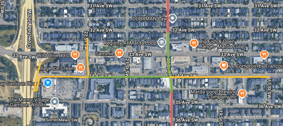 Map of the new pathways and bikeways constructed as part of the Marda Loop Main Streets project, showing colours for the different types of infrastructure
